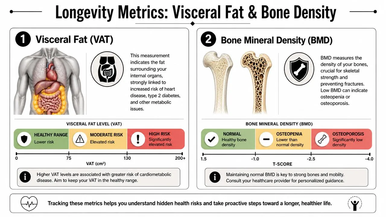 An infographic explaining visceral fat and bone mineral density metrics for health monitoring and disease prevention.