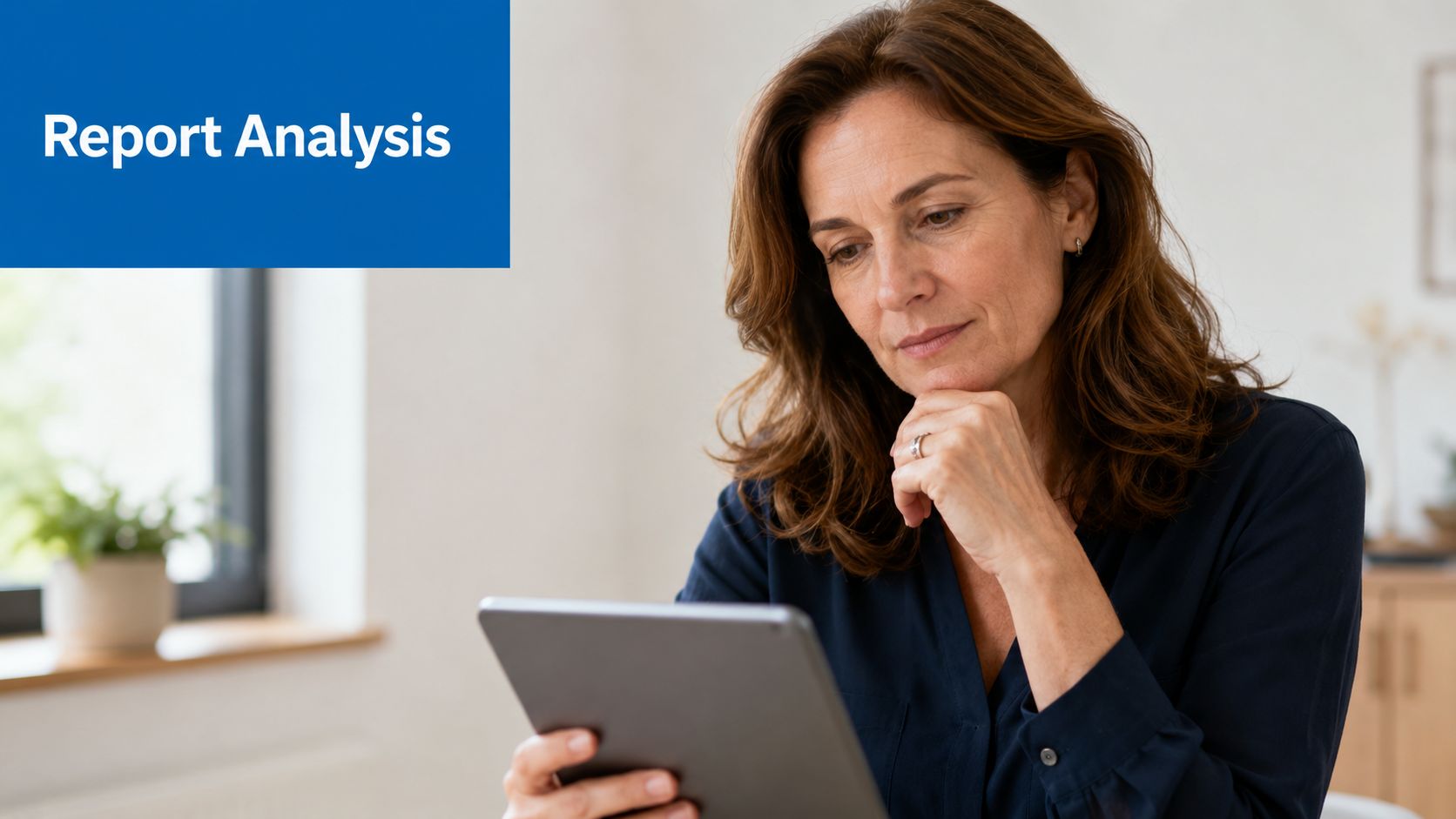 A professional woman in a dark blue blouse reviewing digital report analysis on a modern tablet device.