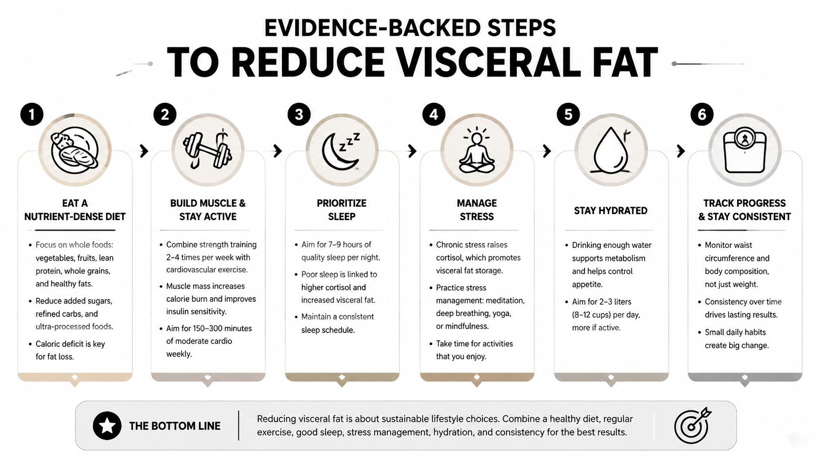 An infographic showing six evidence-backed lifestyle steps to effectively reduce visceral fat for better health.
