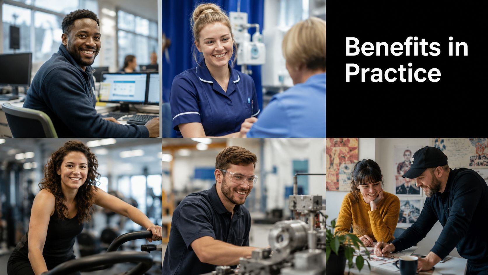 Diverse professionals and employees across various sectors smiling while engaged in their respective work environments.