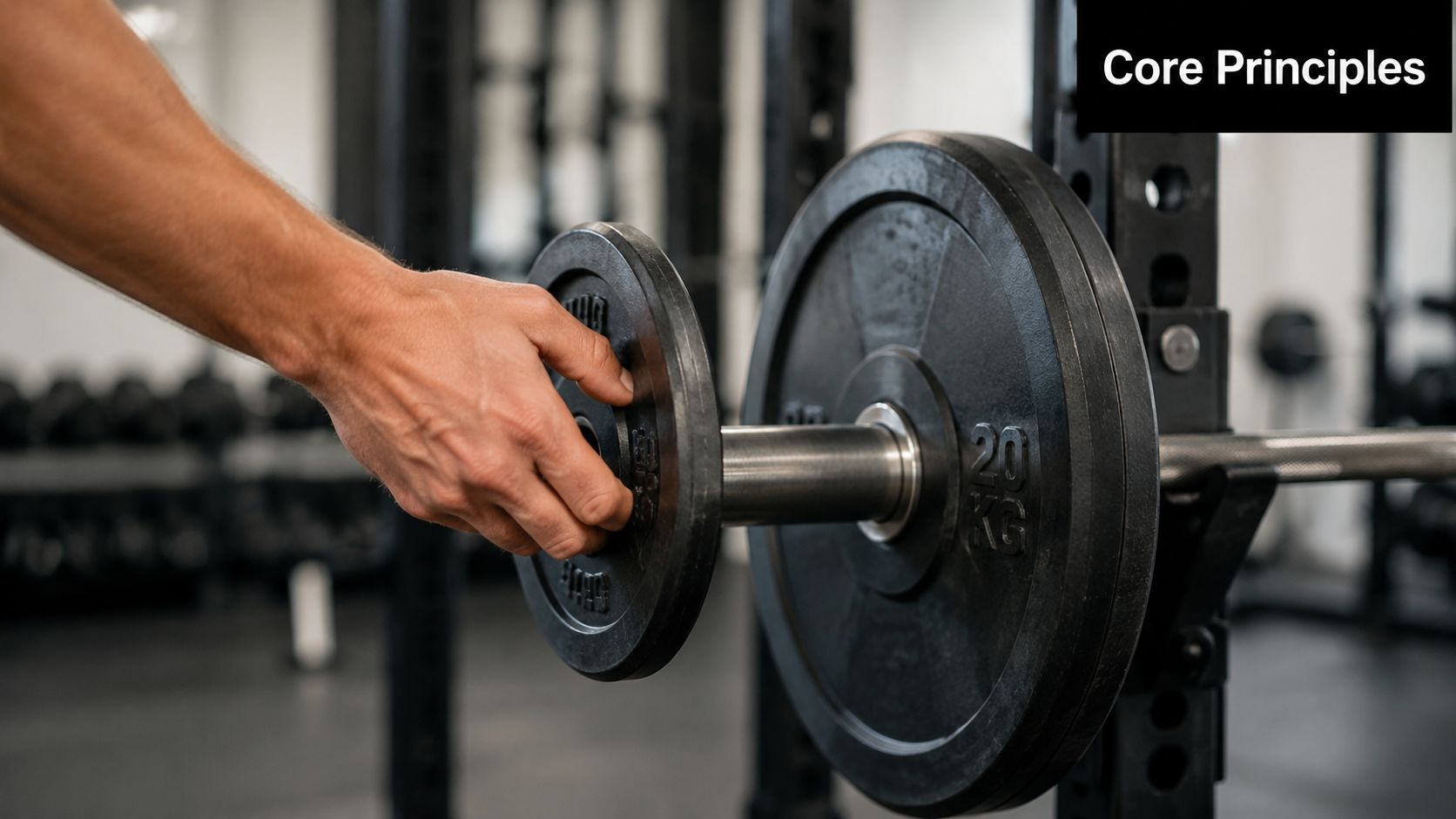 A person placing a weight plate onto a barbell rack in a professional gym environment.