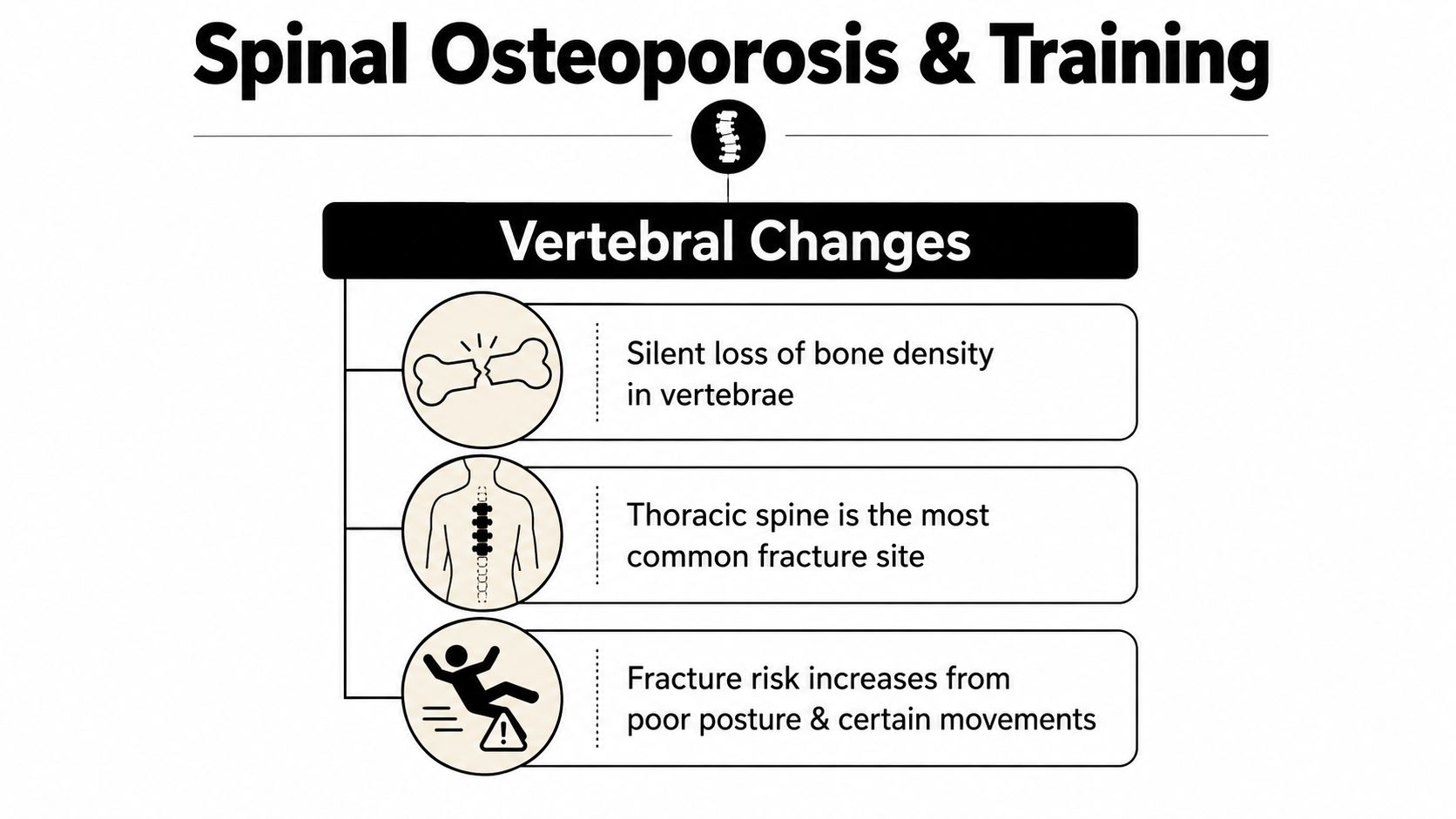 An infographic detailing vertebral changes and fracture risks associated with spinal osteoporosis, including bone density loss.