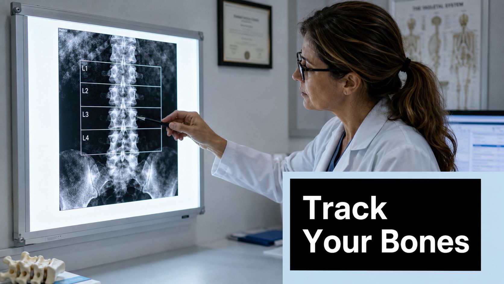 A female doctor pointing at a spinal X-ray on a light box to illustrate bone health.