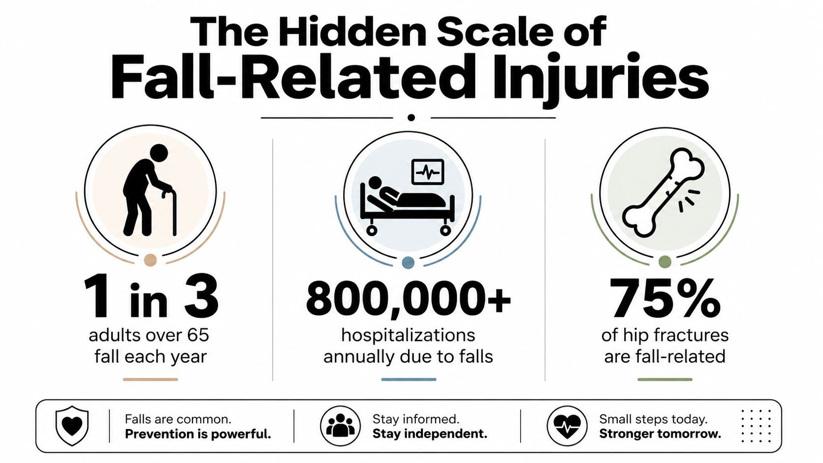 An infographic titled The Hidden Scale of Fall-Related Injuries showing statistics on falls among elderly adults.