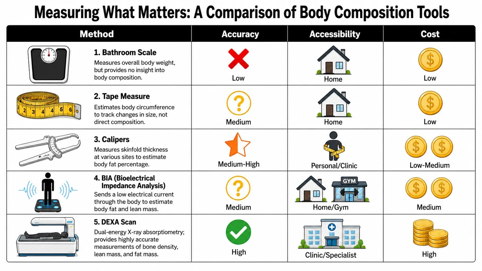 A comparison chart outlining accuracy, accessibility, and cost of five different body composition measurement tools.