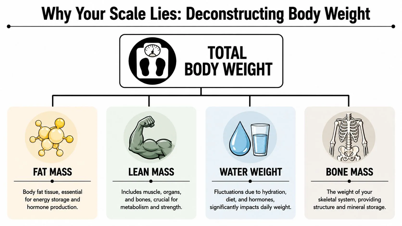 A diagram explaining that total body weight is composed of fat mass, lean mass, water, and bone mass.