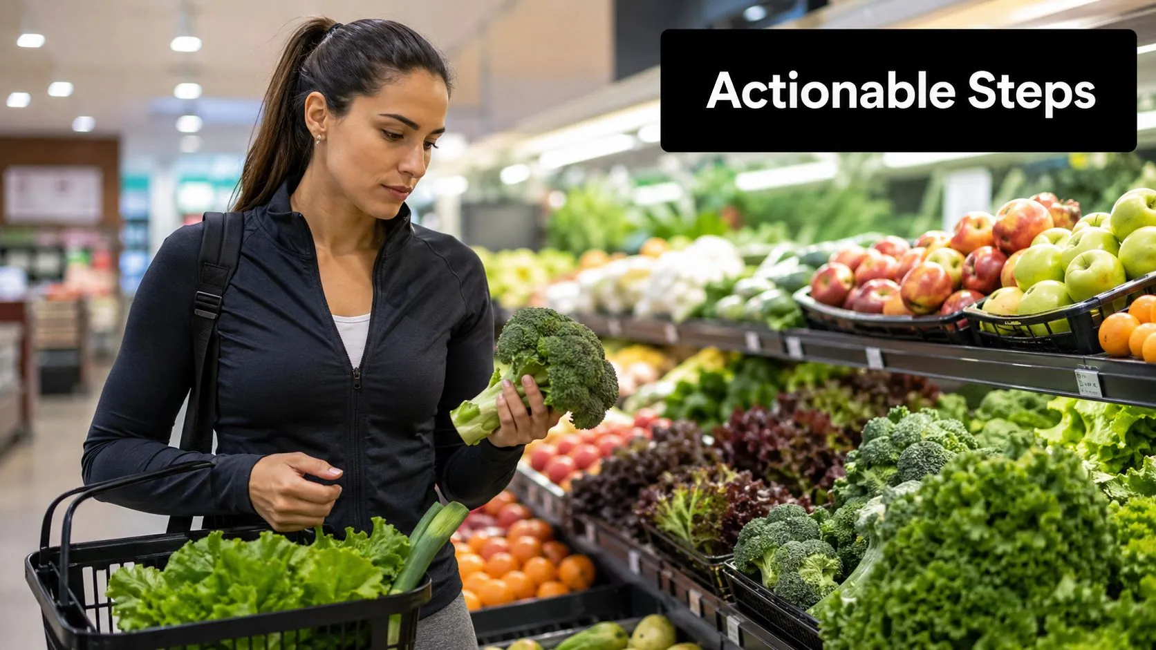 A fit woman in athletic wear choosing fresh broccoli at a grocery store vegetable aisle.