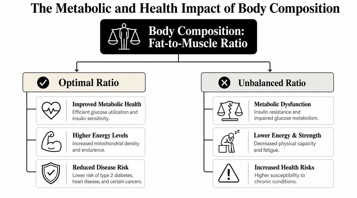 A comparison chart highlighting the metabolic and health differences between an optimal and an unbalanced body composition.