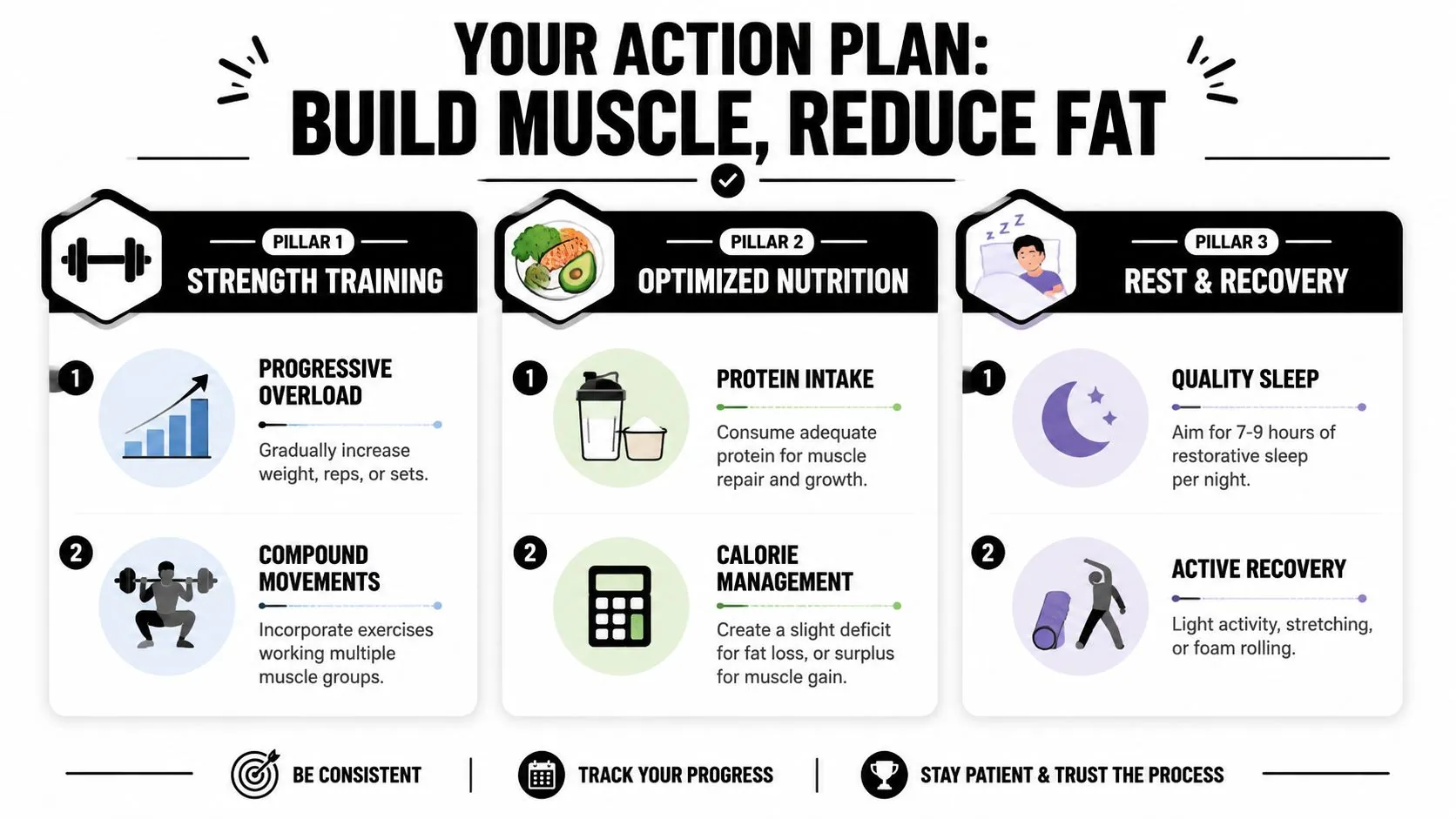 An infographic titled Your Action Plan showing three pillars for building muscle and reducing fat effectively.