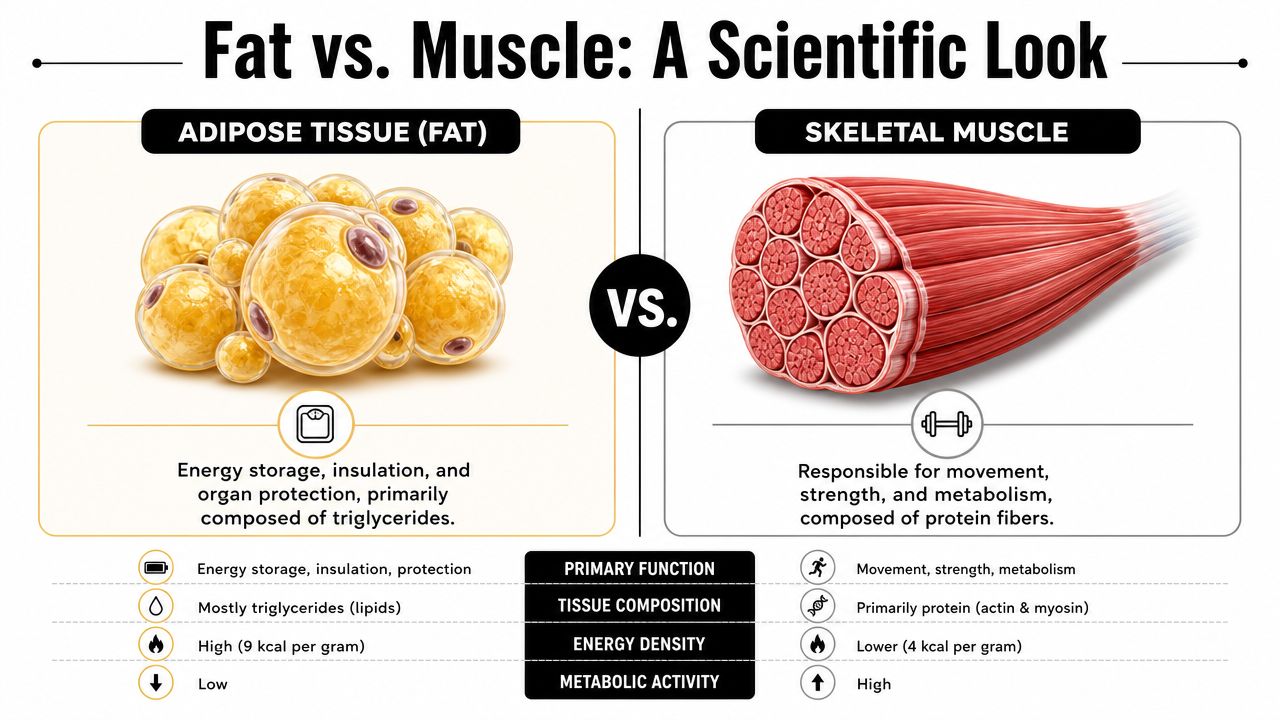 A scientific infographic comparing adipose tissue and skeletal muscle, detailing their functions, composition, density, and metabolic activity.