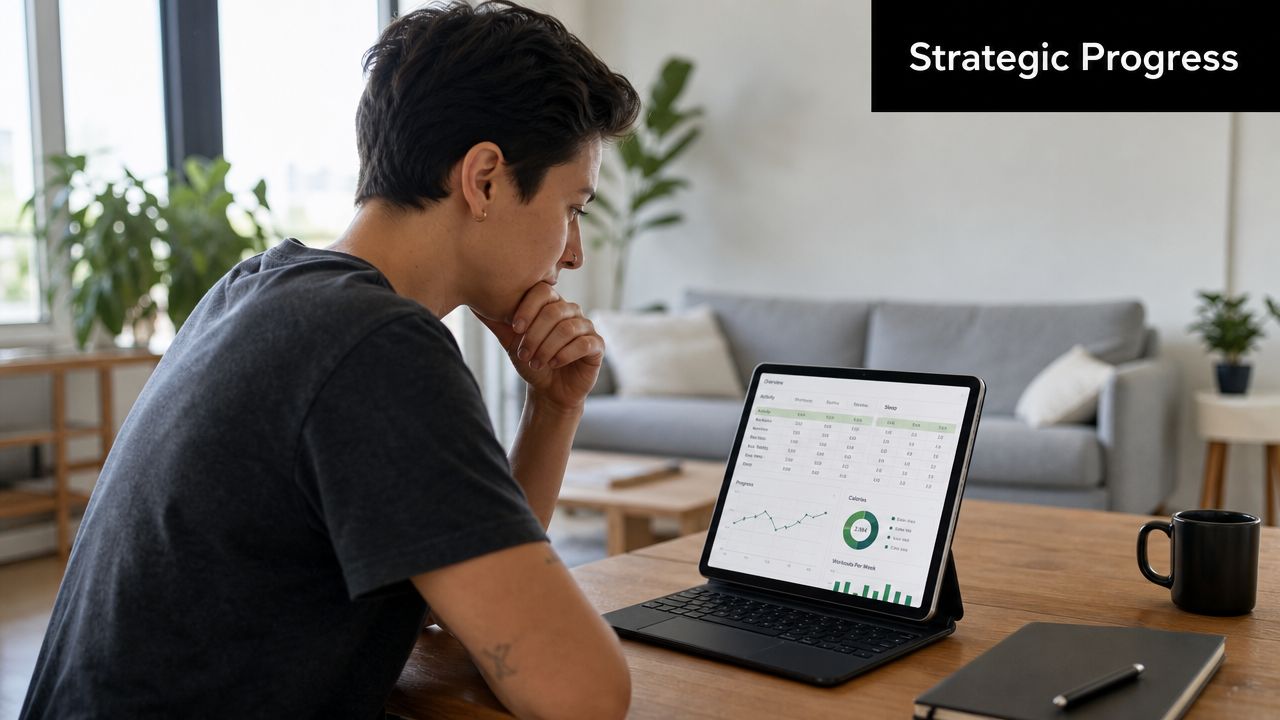A person sitting at a desk thoughtfully reviewing their fitness progress data on a tablet screen.