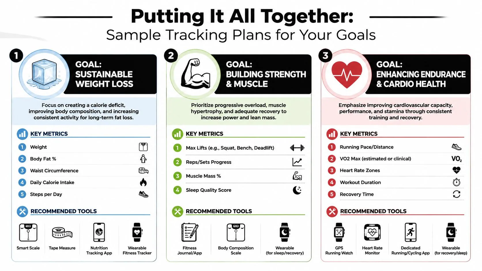A visual guide outlining fitness progress tracking plans for weight loss, muscle building, and endurance goals.
