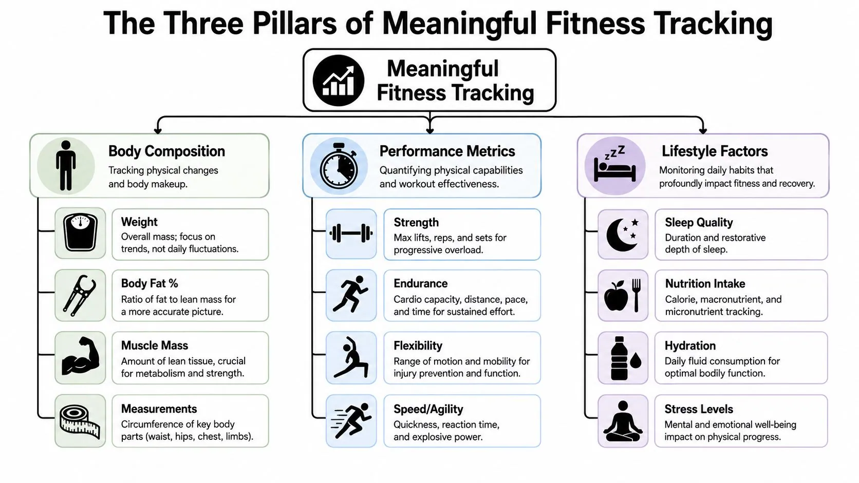 An infographic titled The Three Pillars of Meaningful Fitness Tracking showing Body Composition, Performance Metrics, and Lifestyle Factors.