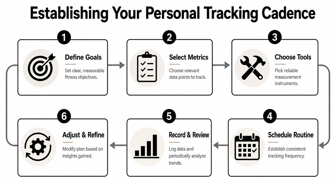 An infographic titled Establishing Your Personal Tracking Cadence showing six steps for tracking fitness progress.