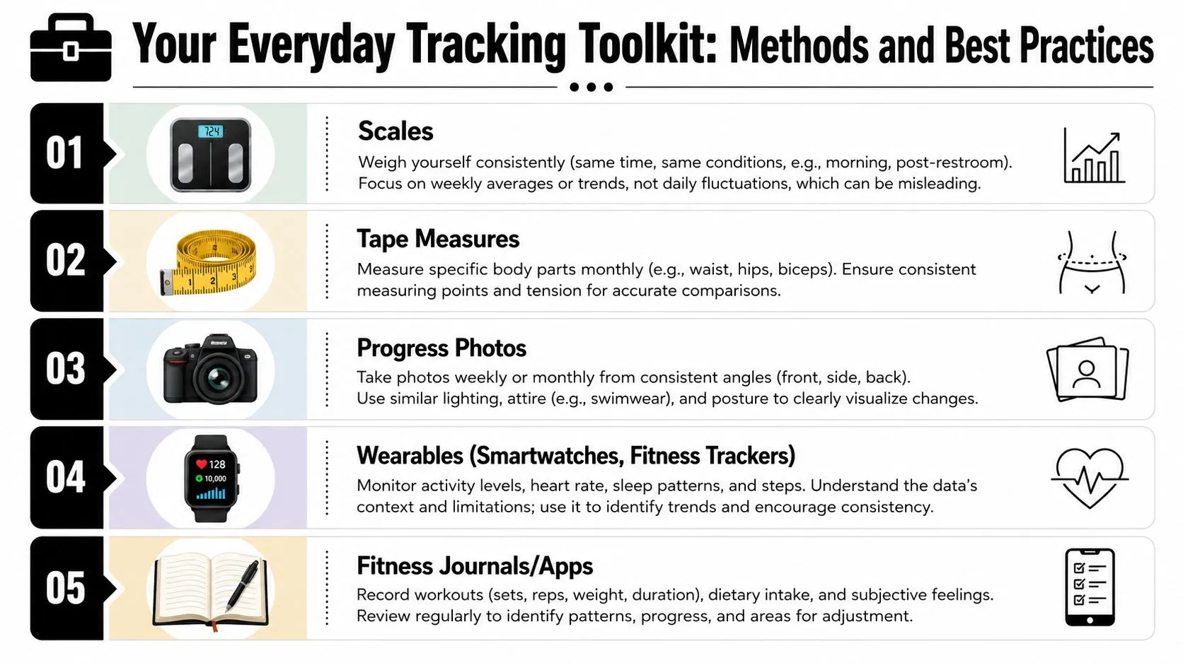 An infographic titled Your Everyday Tracking Toolkit listing five essential methods for monitoring personal fitness progress.