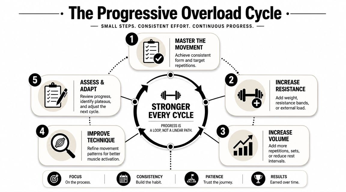 An infographic diagram outlining the five-step progressive overload cycle for building muscle and strength consistently.