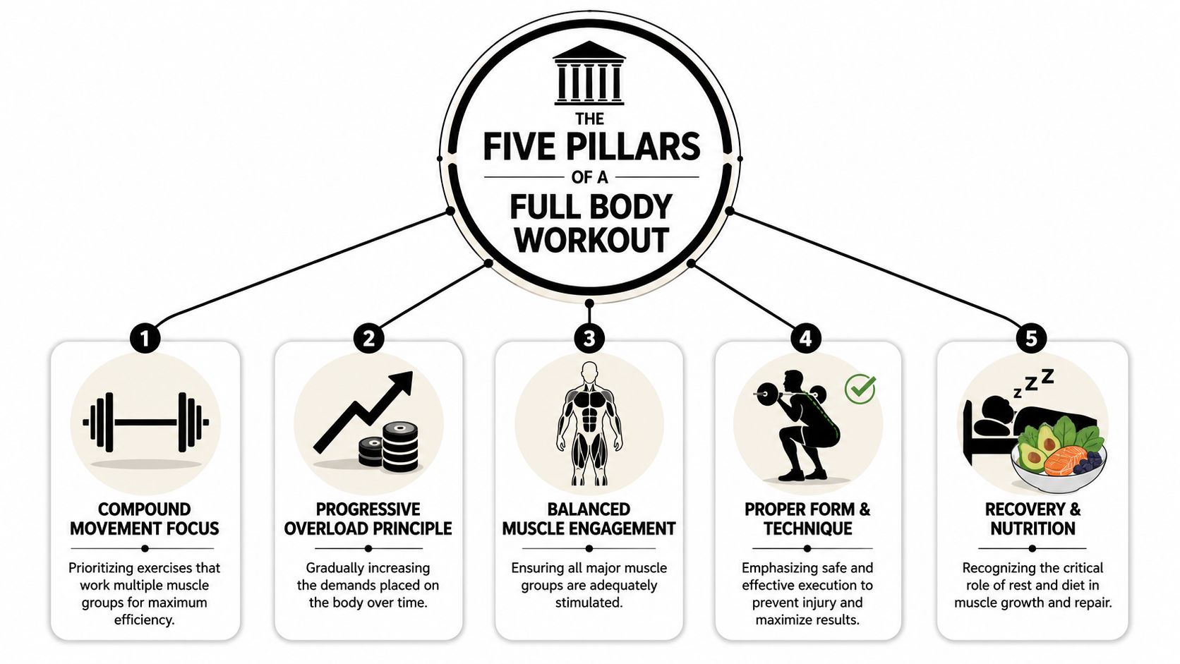 A diagram outlining the five essential pillars of an effective full body workout routine.