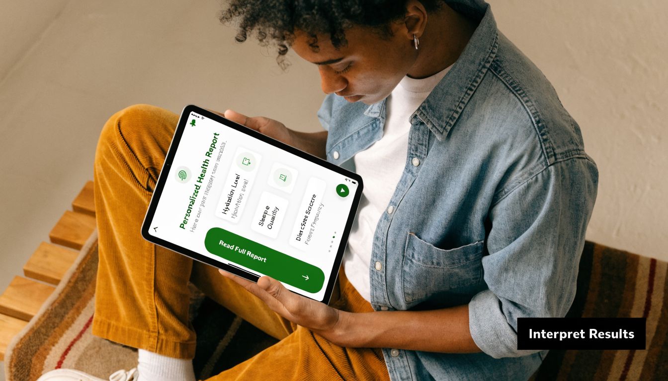 A person sitting on a wooden bench while checking a personalized health report on a digital tablet.