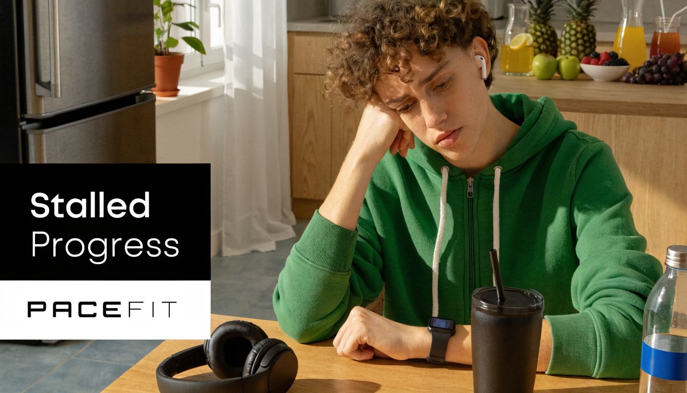 A young person wearing a green hoodie looks frustrated while checking their smartwatch in a kitchen setting.