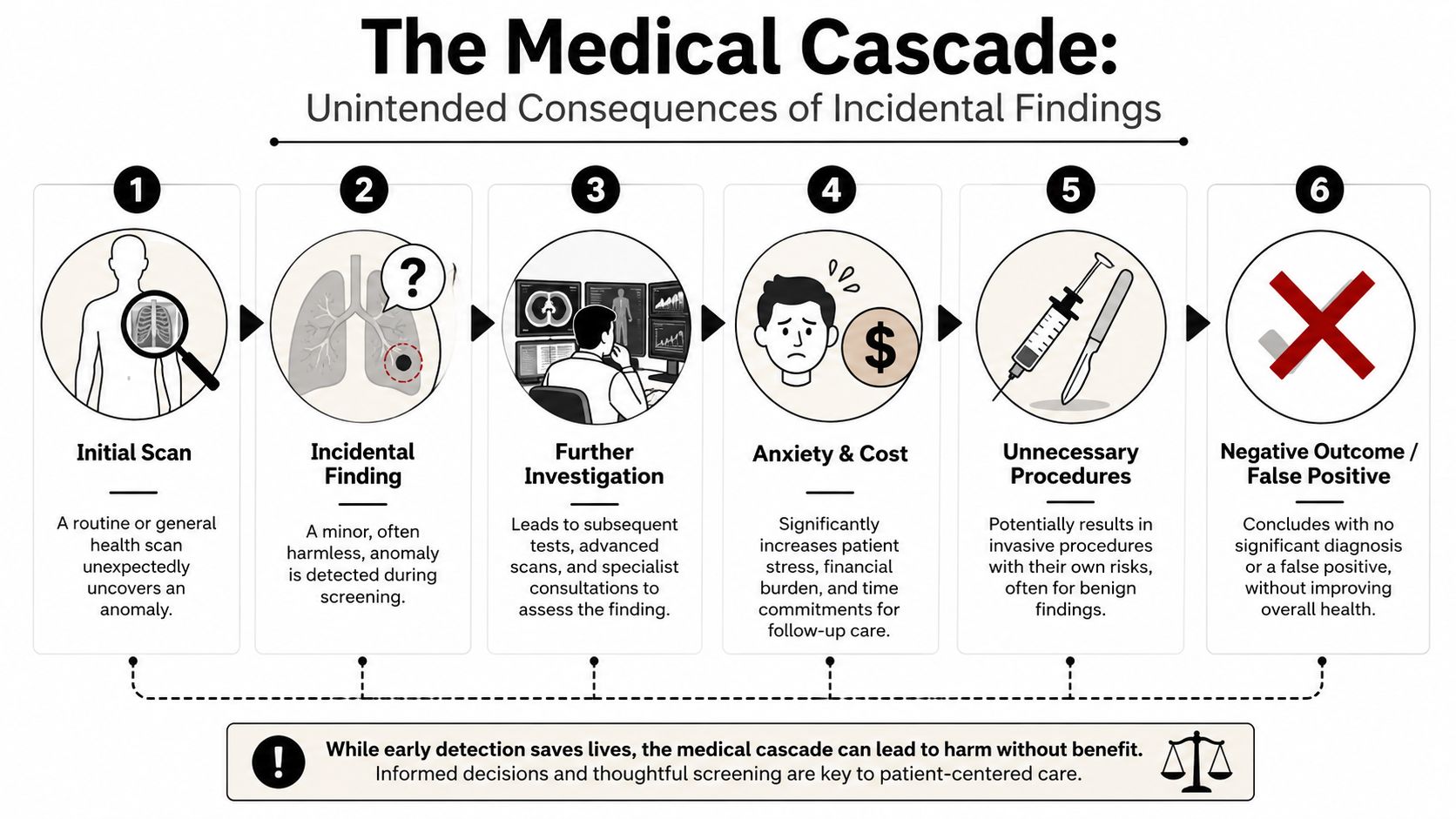 A diagram illustrating the medical cascade, showing how routine health scans can lead to unnecessary clinical procedures.