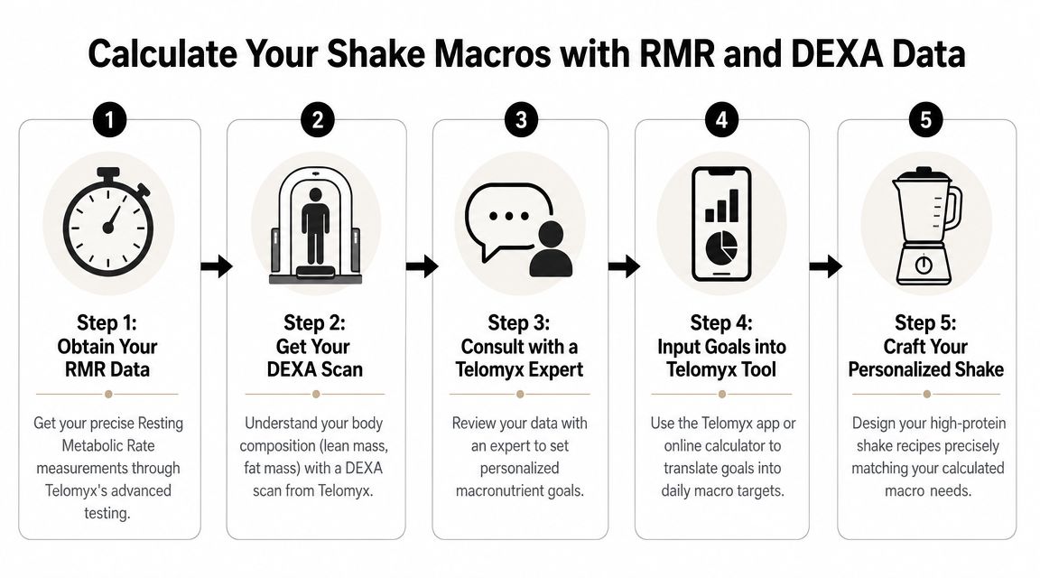 A five-step infographic showing how to calculate personalized macronutrients for high protein shakes using RMR data.