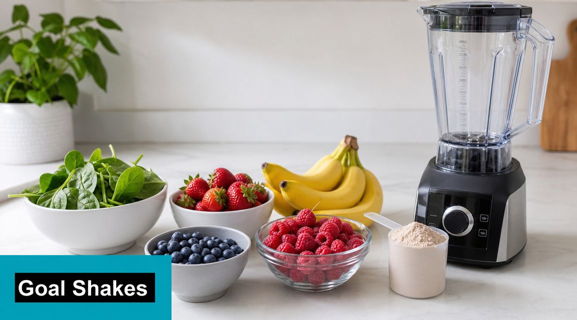 A blender surrounded by fresh spinach, strawberries, blueberries, bananas, and a scoop of protein powder on a counter.