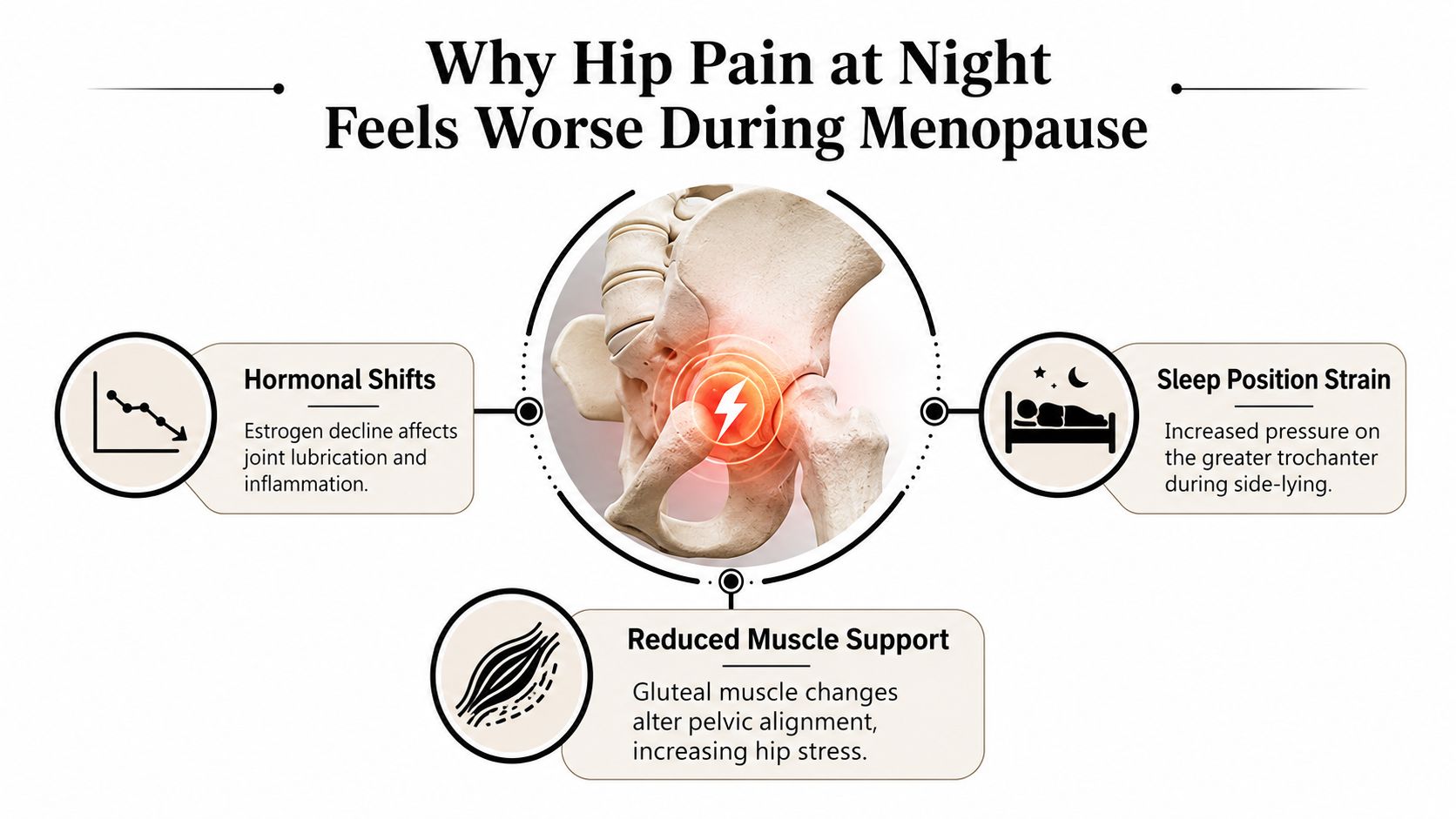 An infographic showing three main causes of night-time hip pain during menopause including hormonal changes, sleep posture, and muscle weakness.