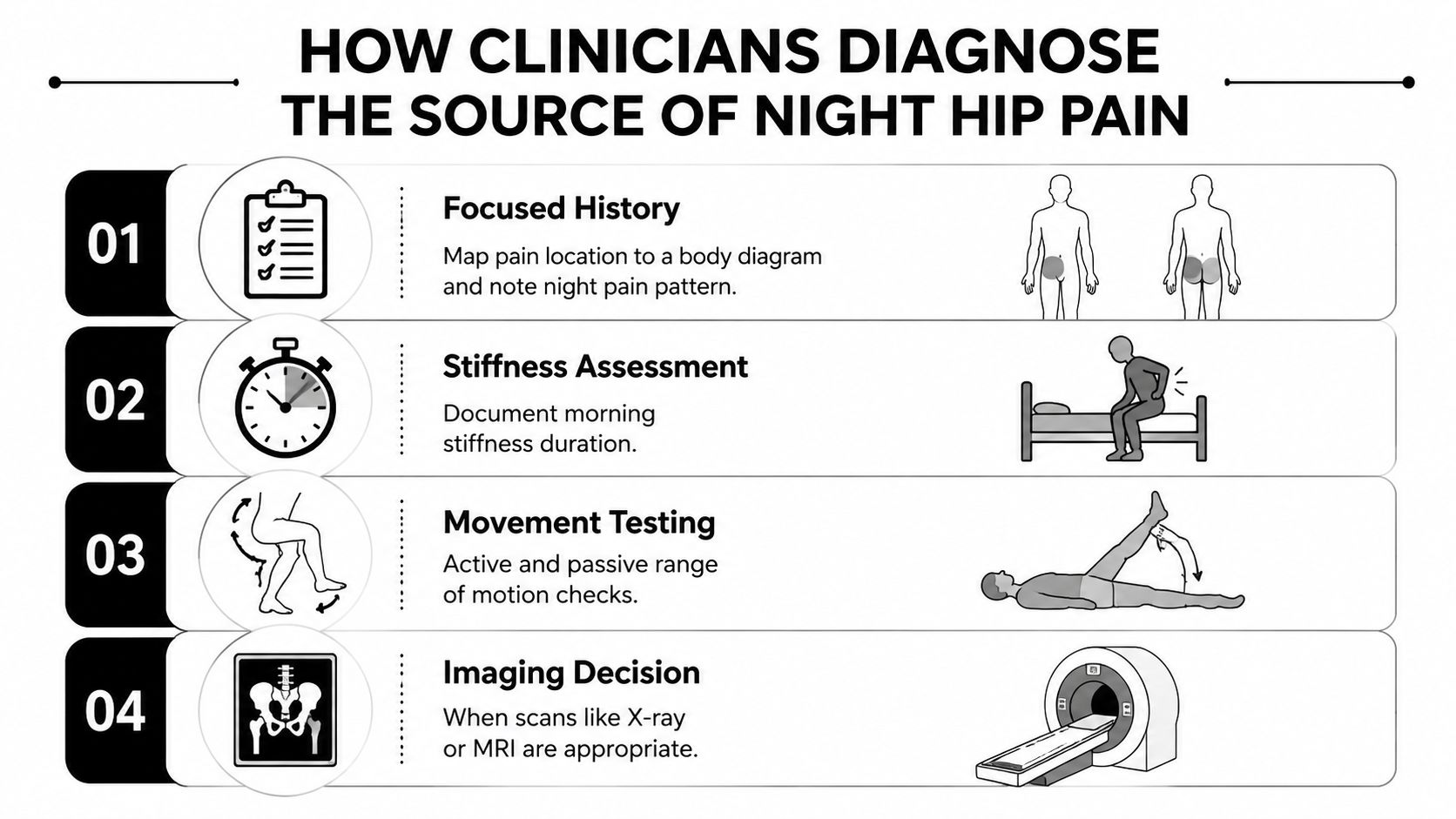 An infographic detailing four steps clinicians take to diagnose the causes of hip pain at night.