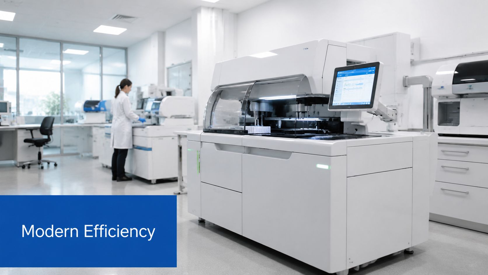 A professional laboratory technician wearing a white lab coat operates a modern automated blood analysis machine.