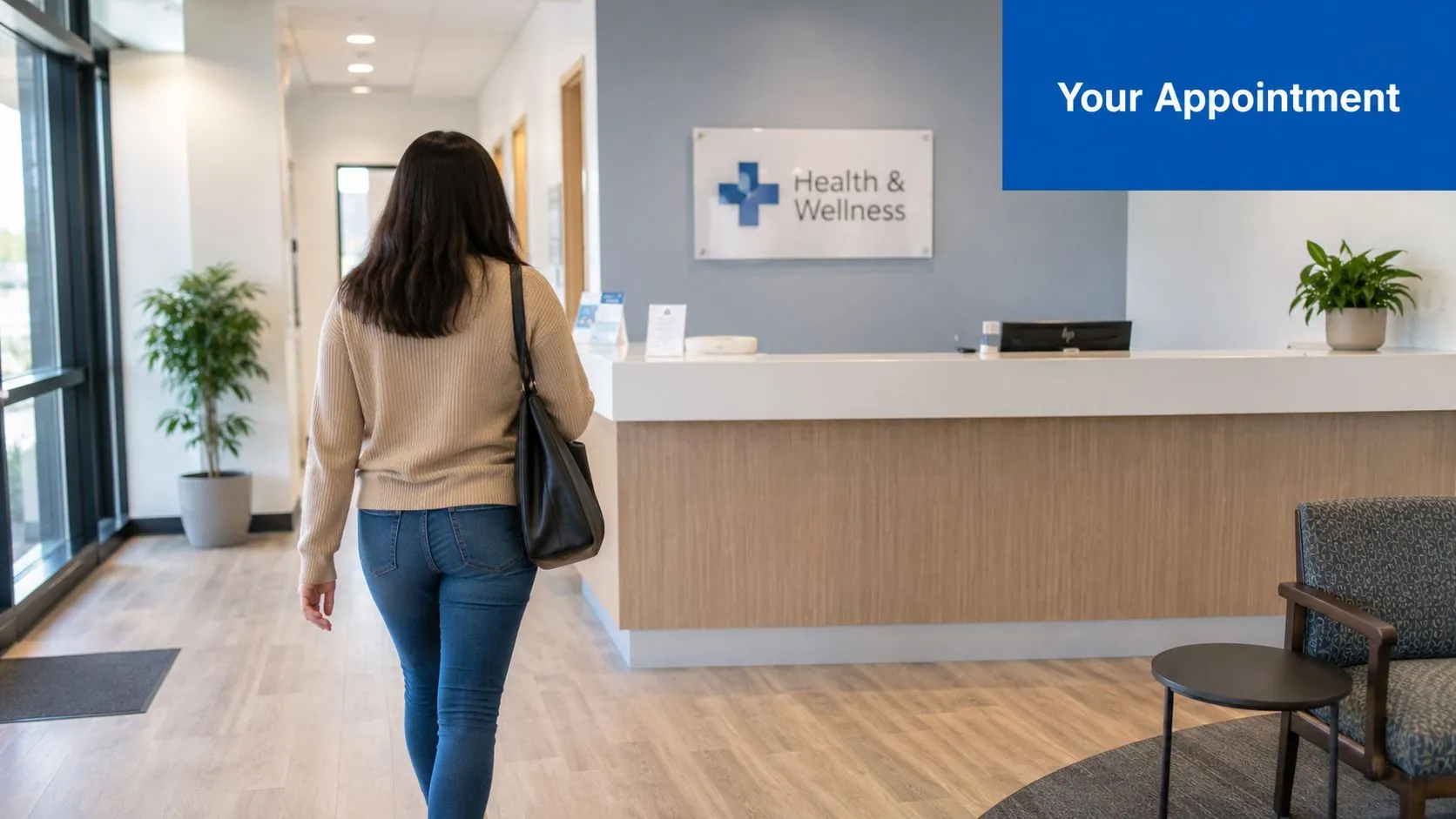 A person walks toward a modern health clinic reception desk to check in for their medical appointment.