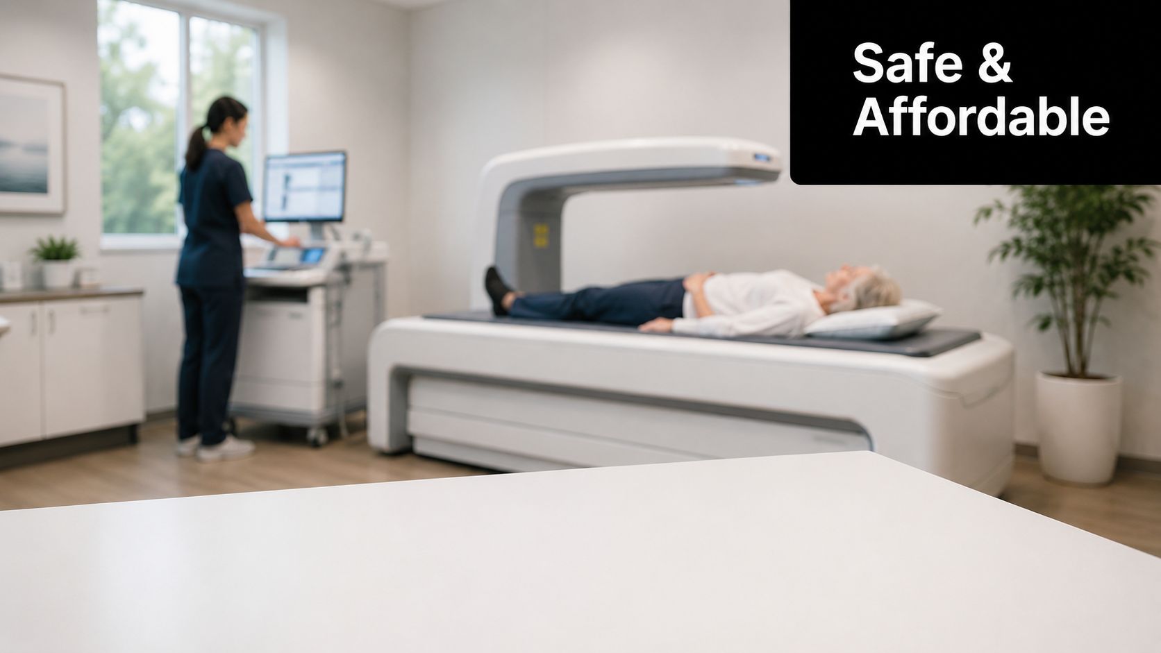 A medical professional operating a DEXA bone density scan machine with a patient lying on the table.