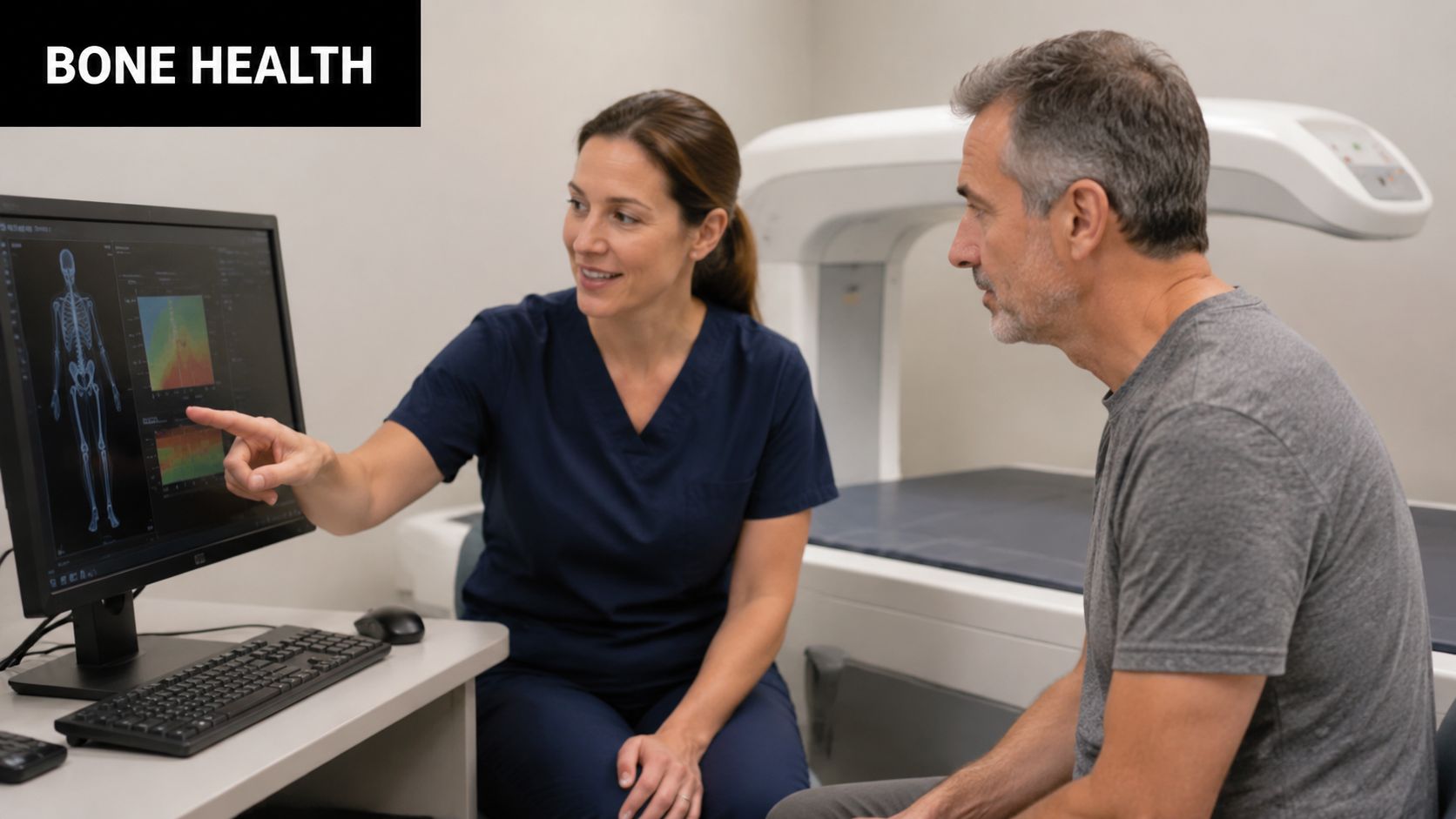 A female medical professional explains bone density scan results to a male patient on a computer screen.
