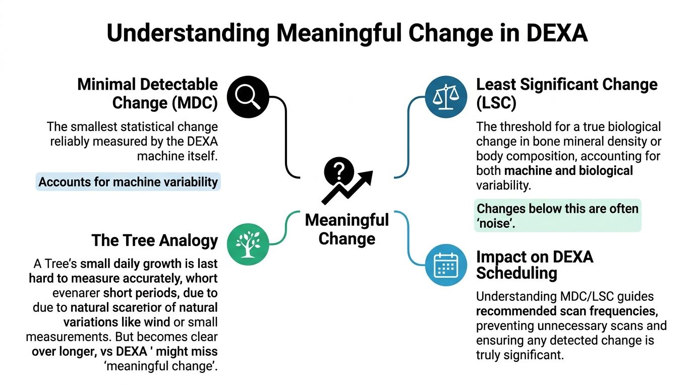 An infographic explaining meaningful change in DEXA scans, covering MDC, LSC, the tree analogy, and scan scheduling.