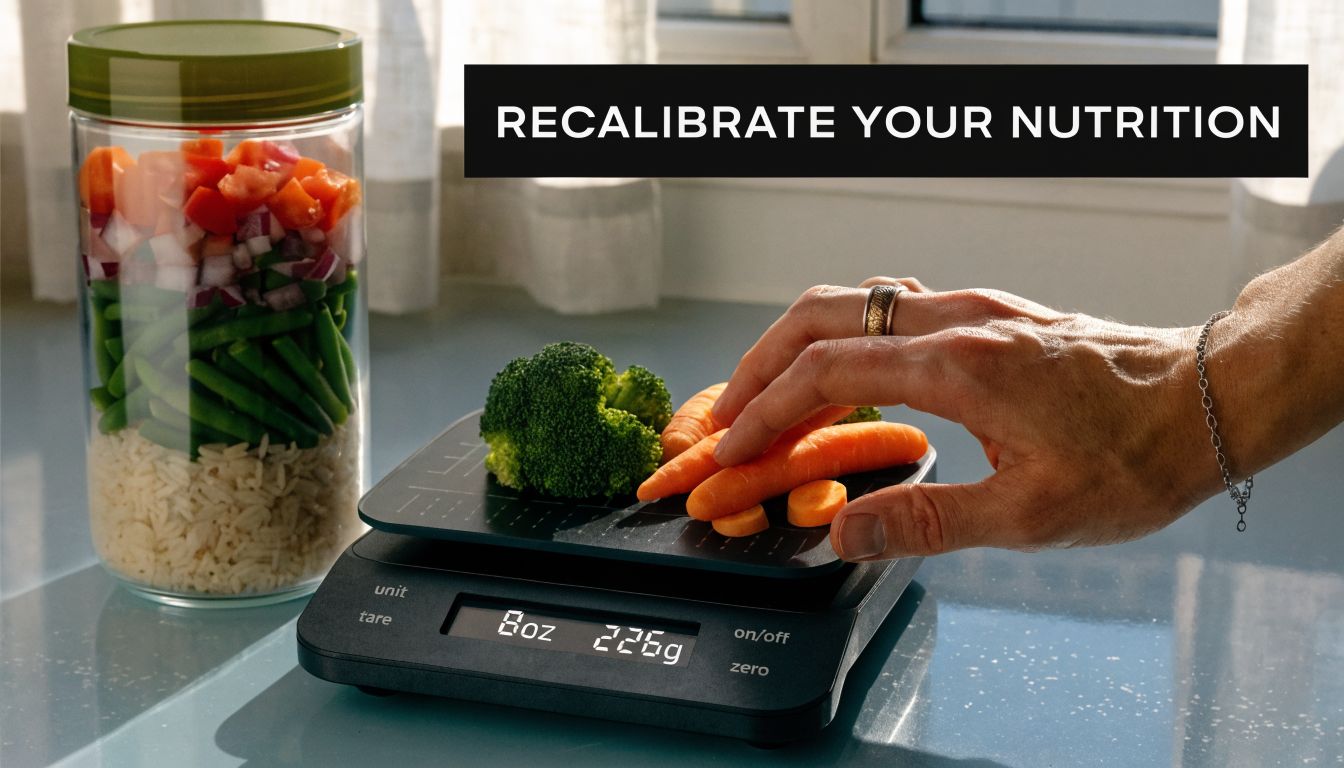 A hand placing vegetables on a digital kitchen scale next to a jar of layered food ingredients.