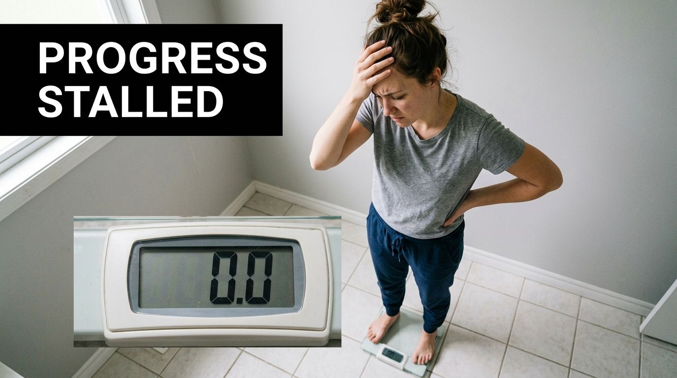 A woman looks frustrated while standing on a bathroom scale during a weight loss journey.