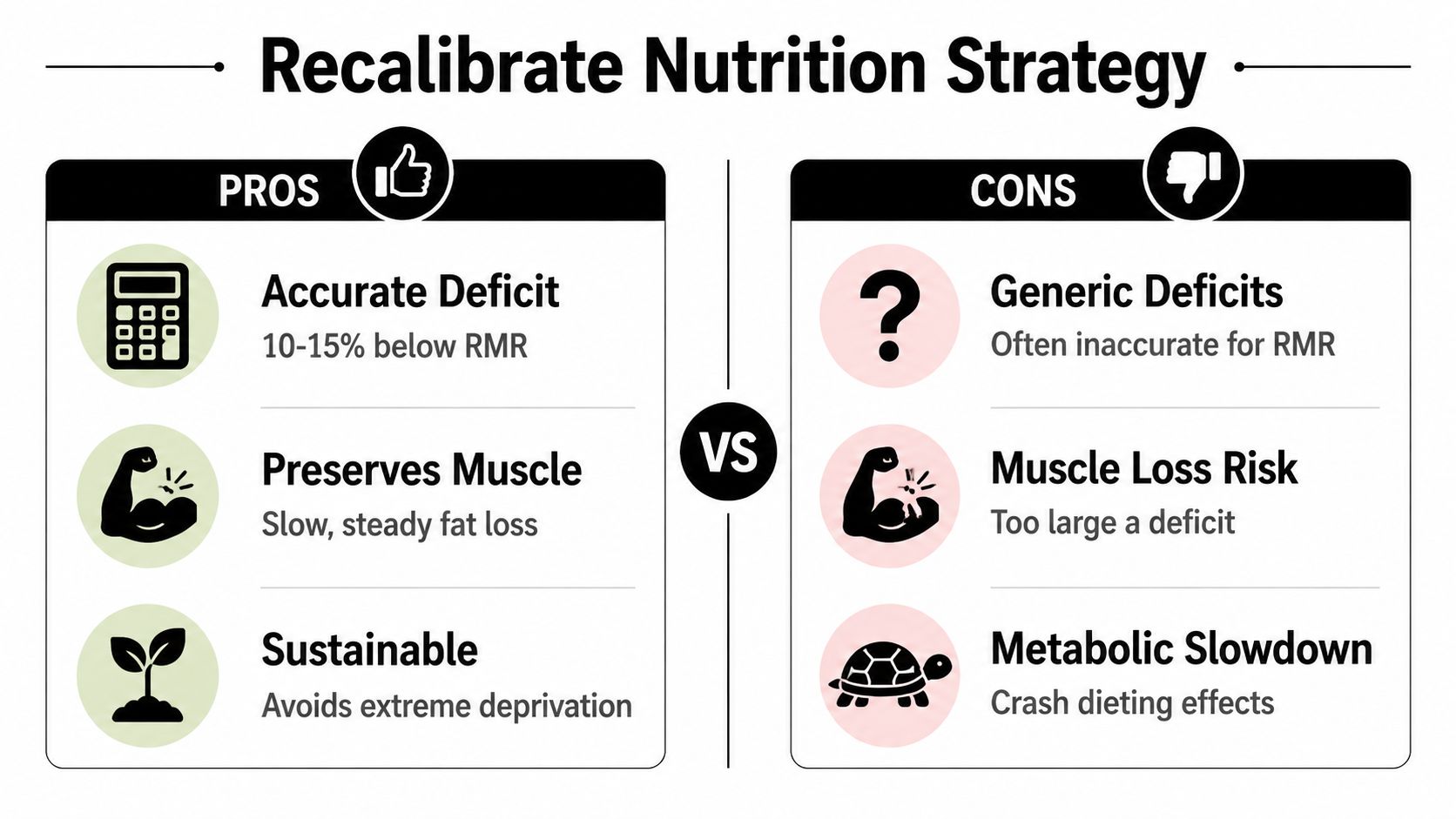 A comparison chart showing the benefits of a recalibrated nutrition strategy versus the downsides of generic deficits.
