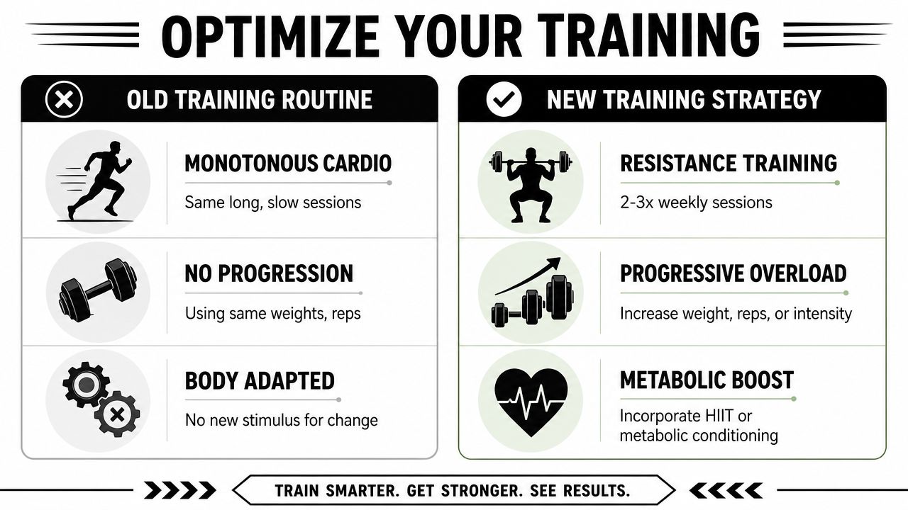 A comparison chart showing old training routines versus a new optimised training strategy for better results.