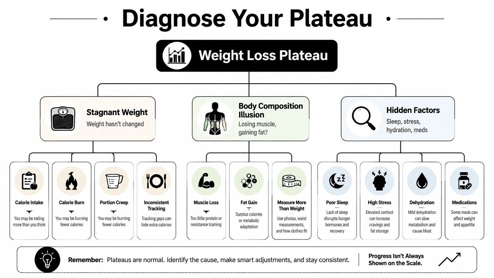 A diagnostic flowchart explaining common causes for a weight loss plateau including metabolic and lifestyle factors.