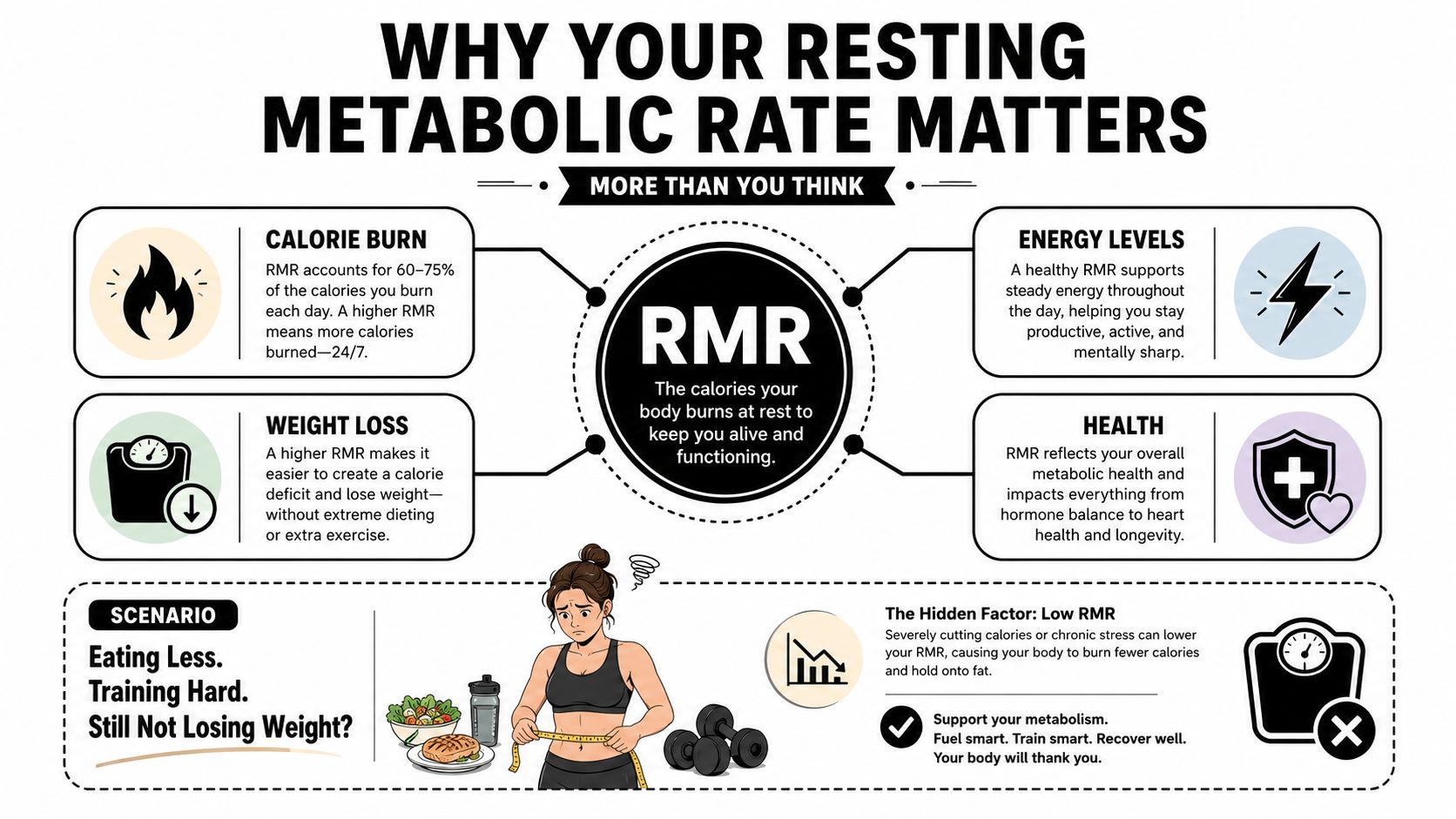 An infographic explaining the importance of Resting Metabolic Rate for weight loss, energy, and overall health.