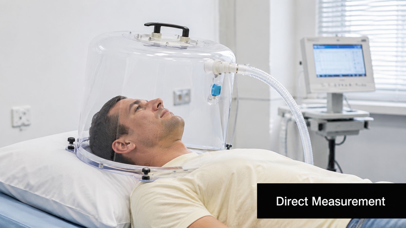 A man lying in a hospital bed wearing an indirect calorimetry metabolic hood for testing.