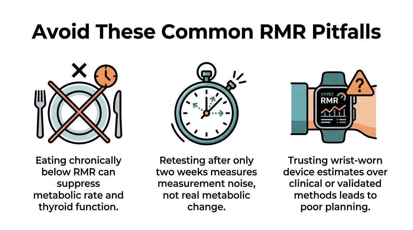 An infographic showing three common pitfalls to avoid when tracking Resting Metabolic Rate with health tips.