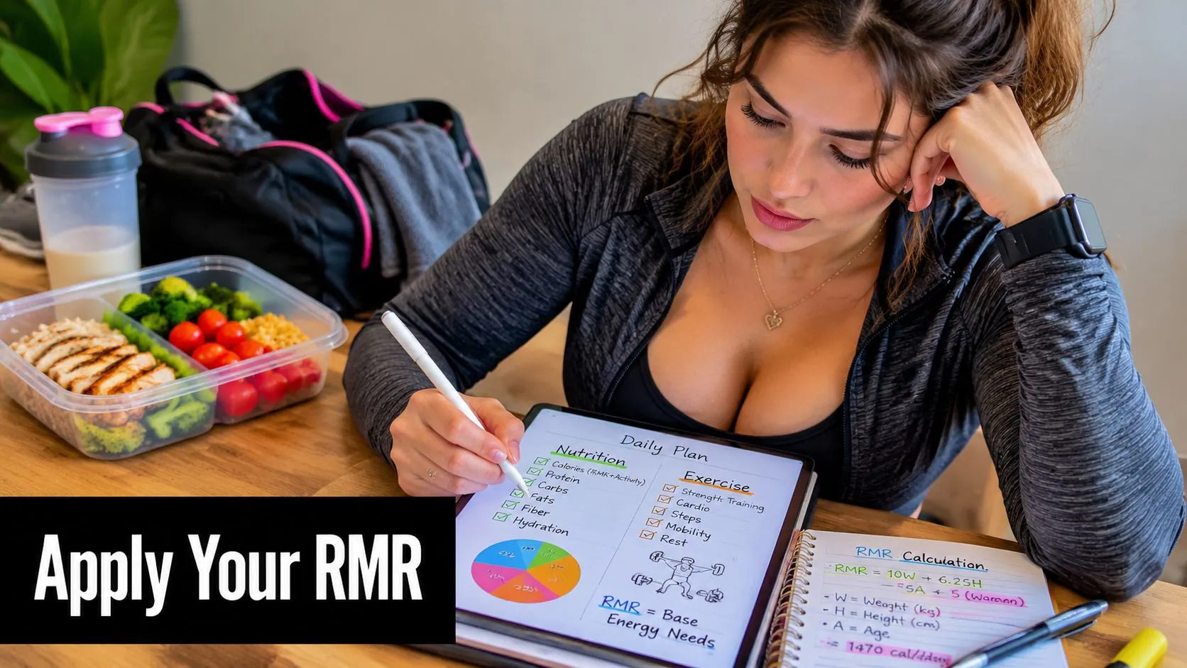 A woman tracking her nutrition and exercise plan while calculating her Resting Metabolic Rate on a notebook.