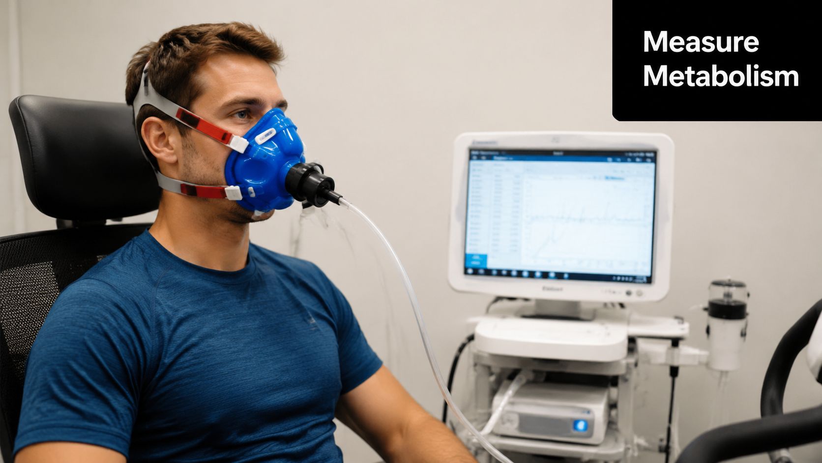 A man wearing a metabolic mask connected to a monitor to measure resting metabolic rate during testing.