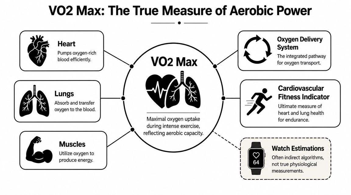 An infographic titled VO2 Max explaining how the heart, lungs, and muscles contribute to aerobic capacity.