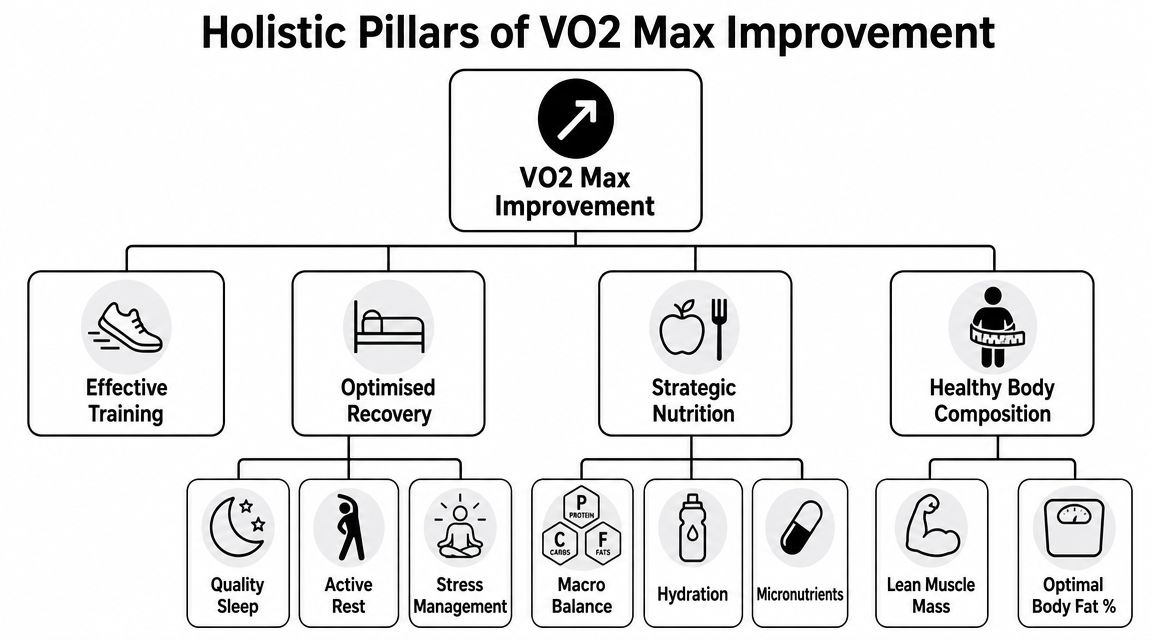 A diagram outlining the holistic pillars for VO2 Max improvement, including training, recovery, nutrition, and body composition.