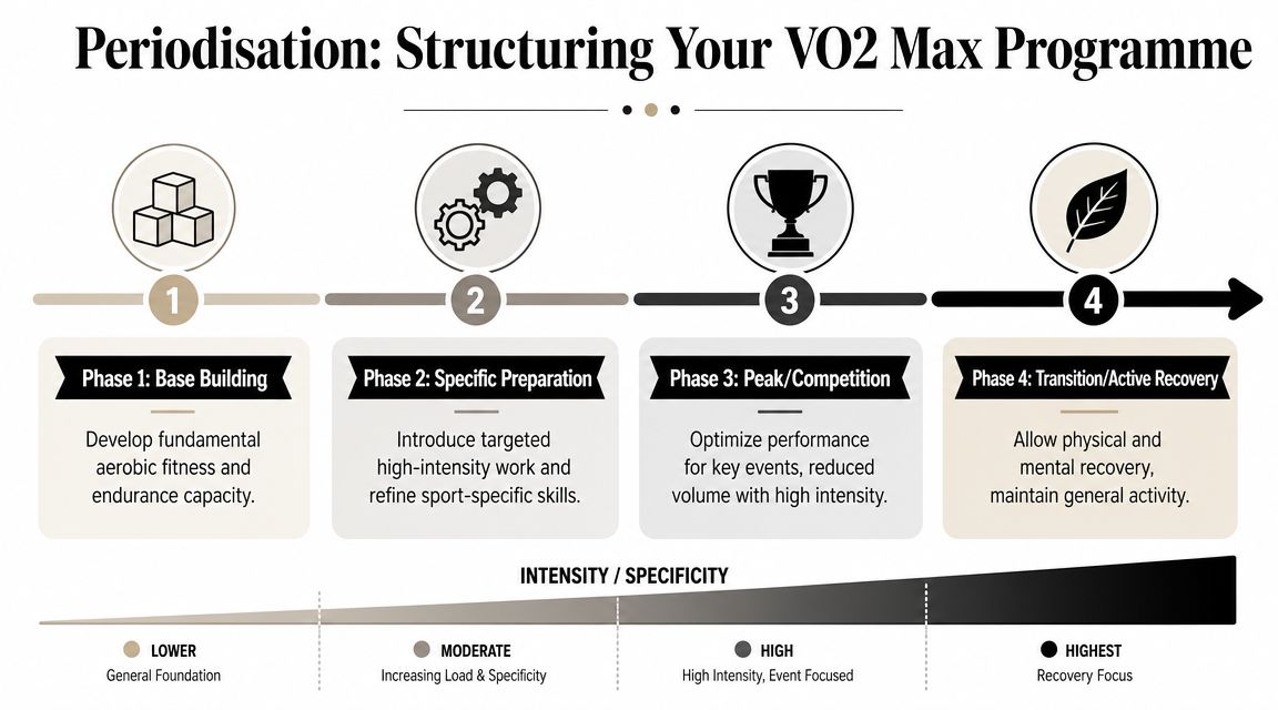 A four-phase chart illustrating the periodisation process for structuring a VO2 max training programme.