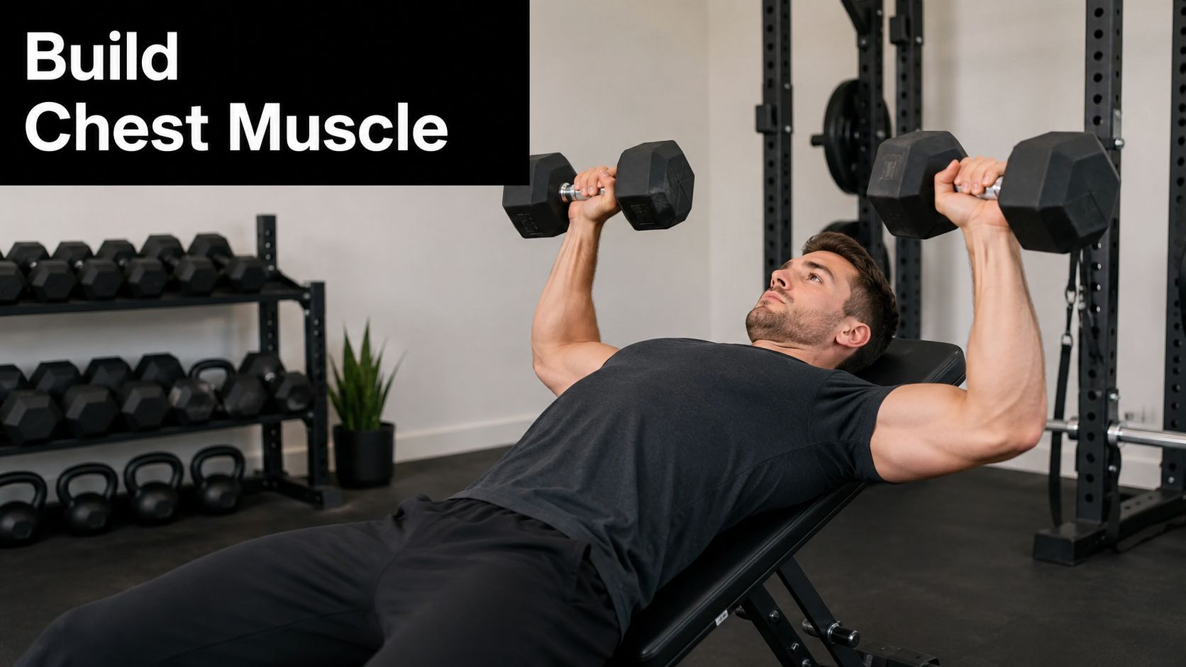 A man performs an incline dumbbell chest press on a weight bench in a home gym setting.