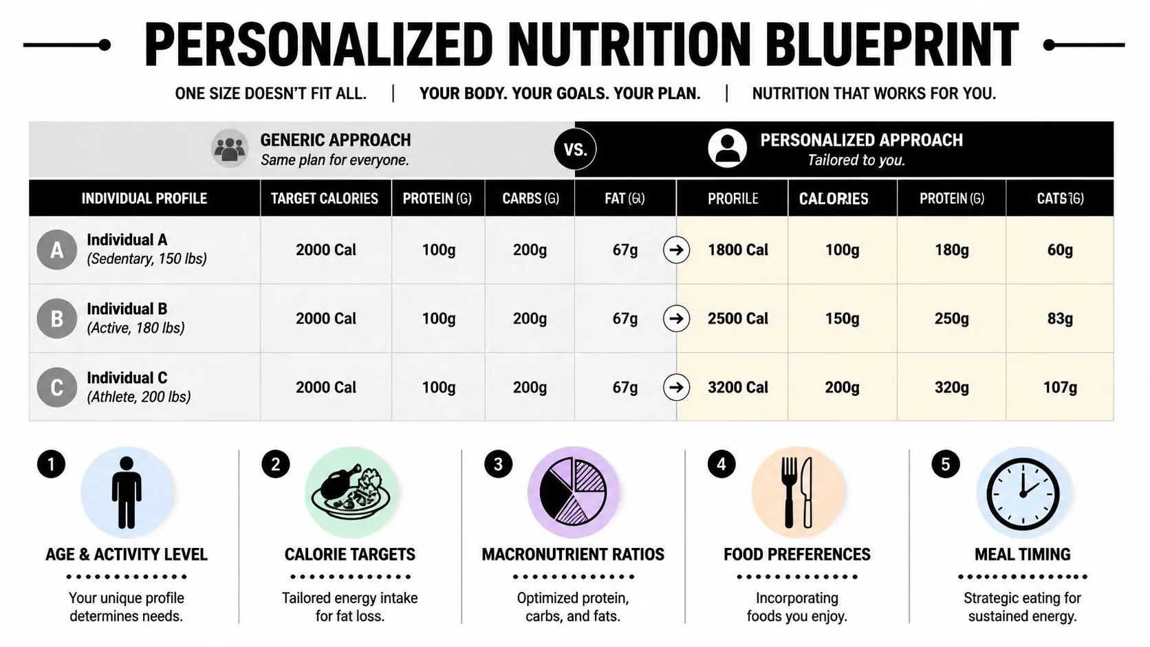 A chart comparing a generic nutrition plan with a personalized approach based on individual activity levels.