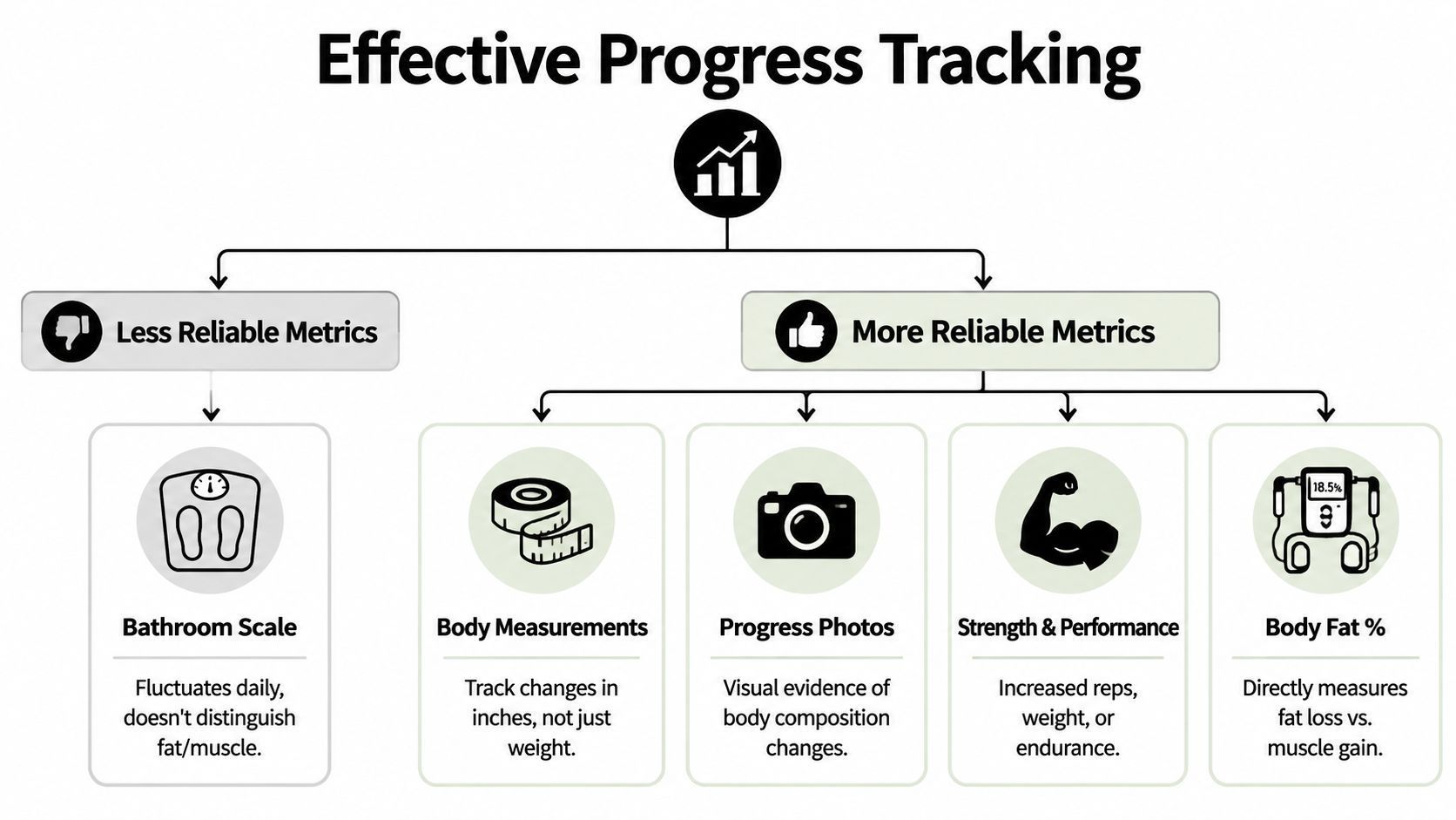 A diagram comparing less reliable versus more reliable metrics for tracking fitness progress and body transformation.