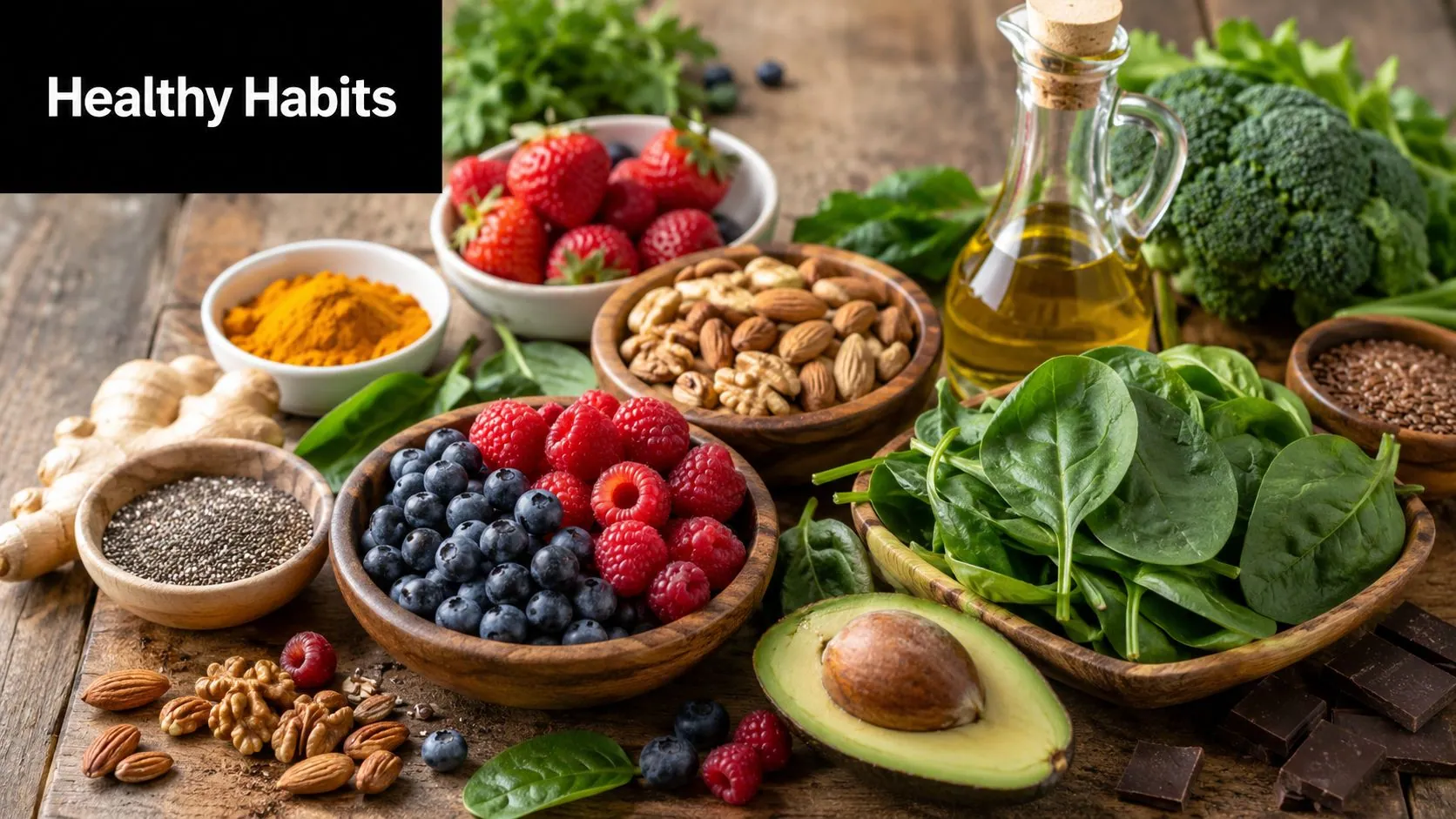 A wooden table topped with healthy superfoods like fresh berries, nuts, spinach, broccoli, avocado, and spices.